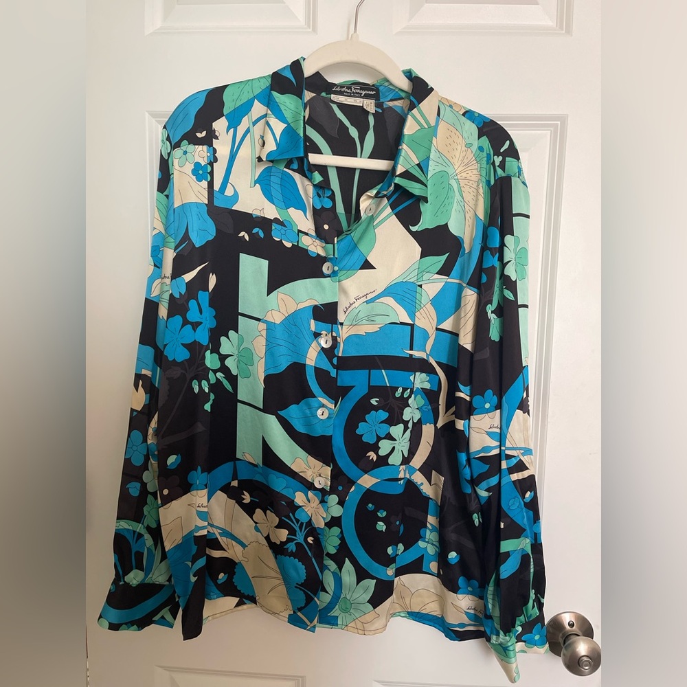 Salvatore Ferragamo Geometric and Floral Print Silk Blouse